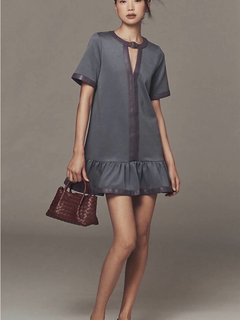 1x Maeve Colorblock Leather-Trim Drop-Waist Mini Dress